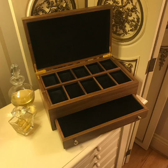 Handmade Watch Box (10 Compartments and Drawer) - Burr Walnut